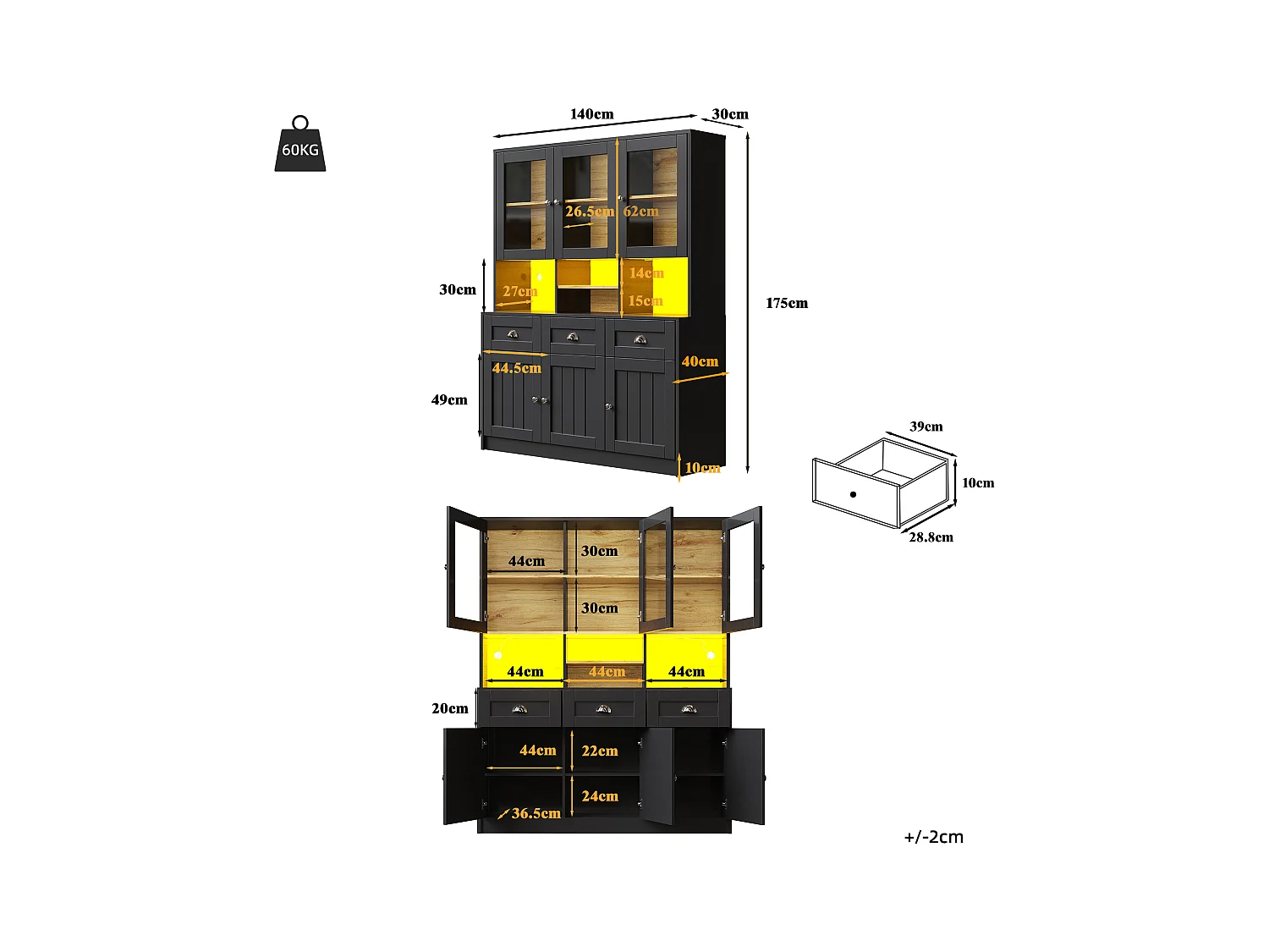 Credenza da cucina nera con 3 ante, 3 ante in vetro, 3 cassetti e luci a LED, MDF