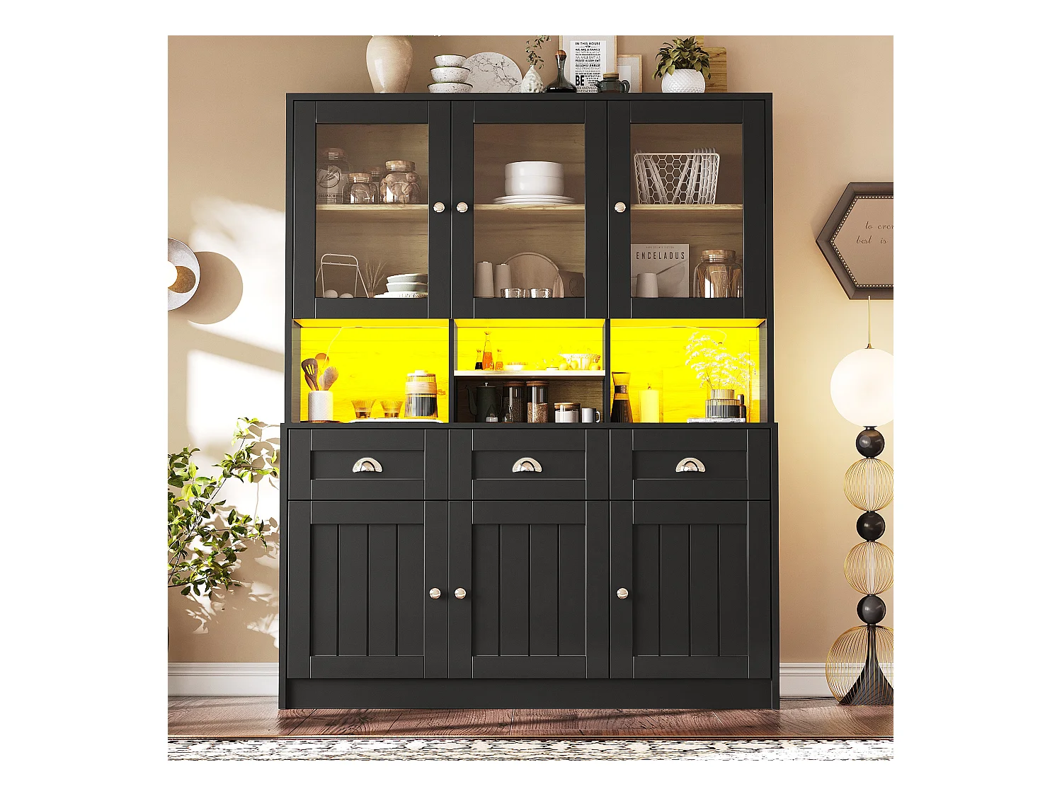 Credenza da cucina nera con 3 ante, 3 ante in vetro, 3 cassetti e luci a LED, MDF