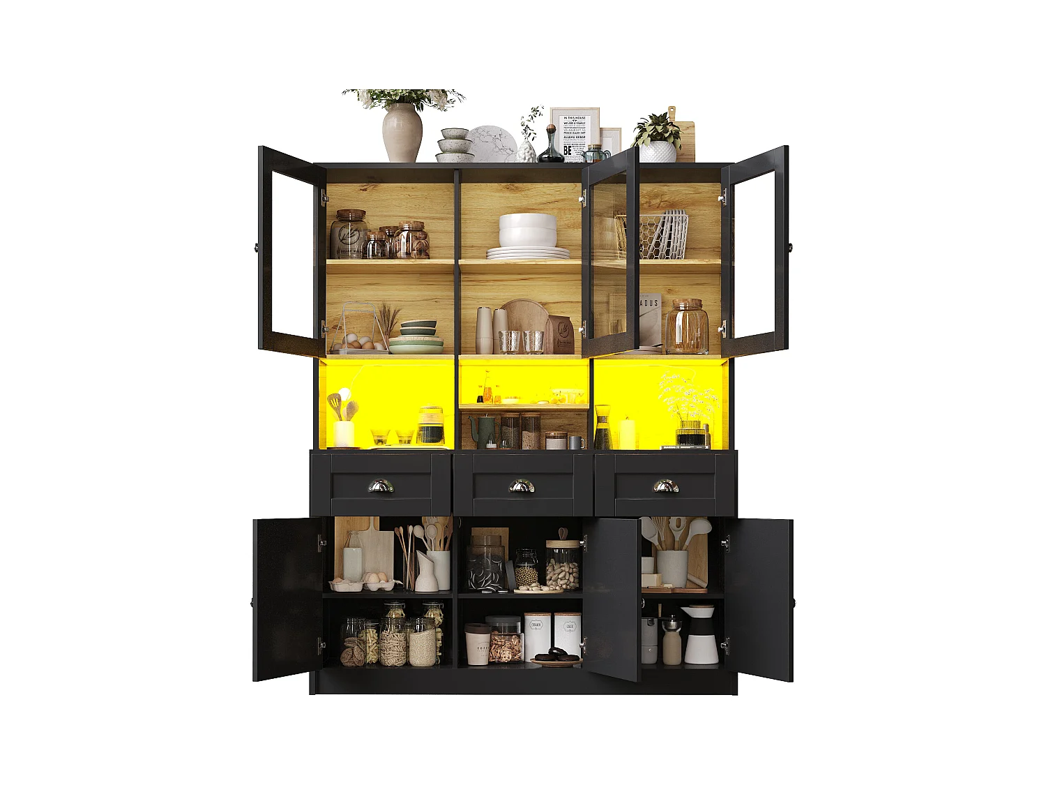 Credenza da cucina nera con 3 ante, 3 ante in vetro, 3 cassetti e luci a LED, MDF