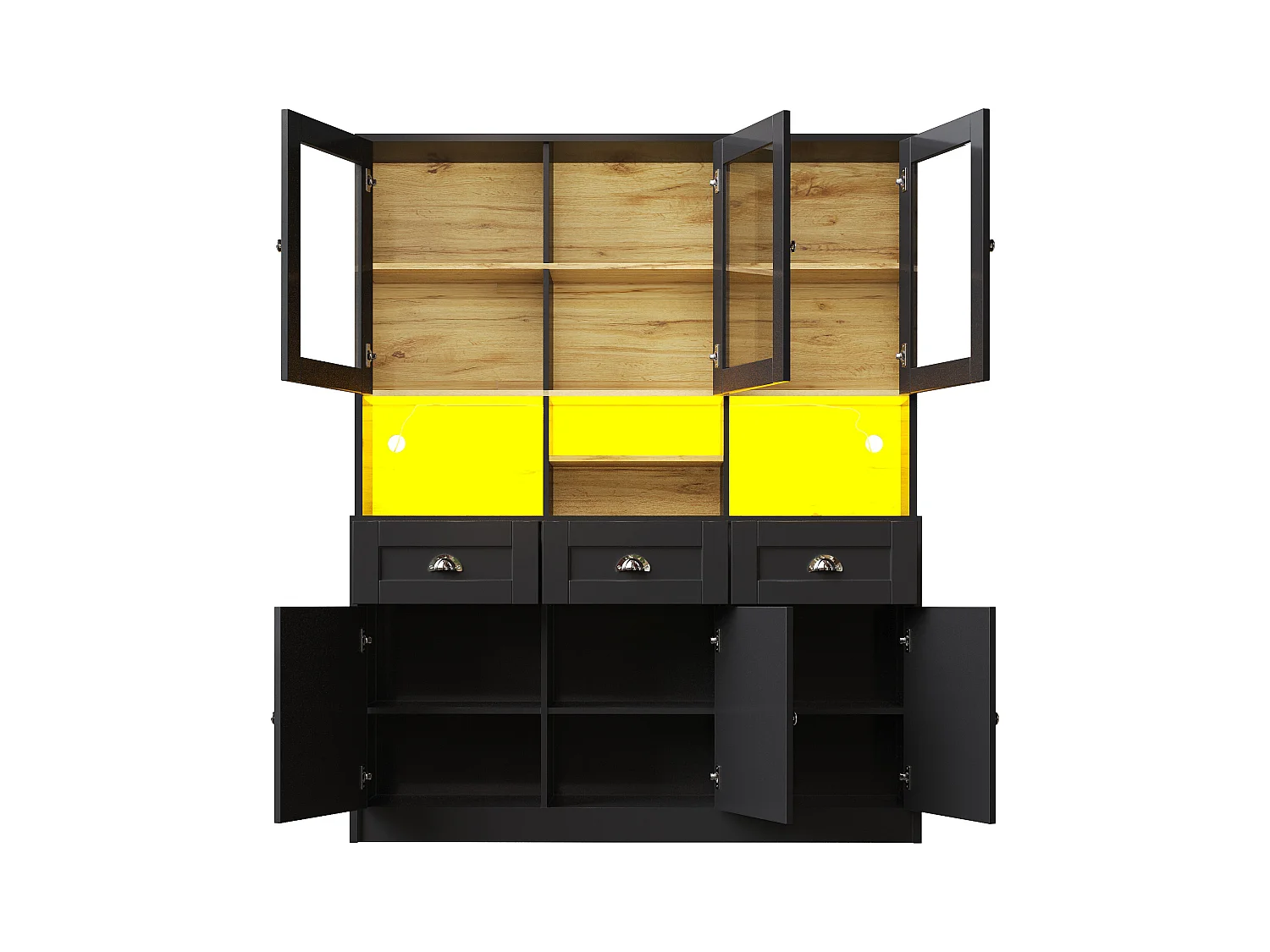 Credenza da cucina nera con 3 ante, 3 ante in vetro, 3 cassetti e luci a LED, MDF