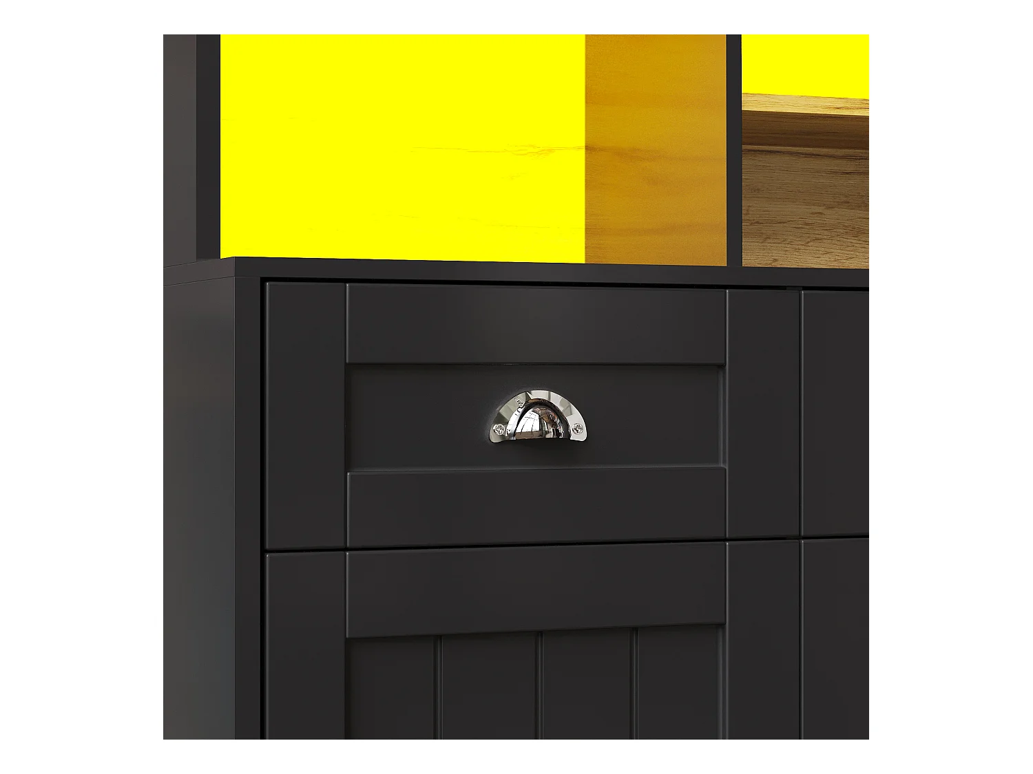 Credenza da cucina nera con 3 ante, 3 ante in vetro, 3 cassetti e luci a LED, MDF