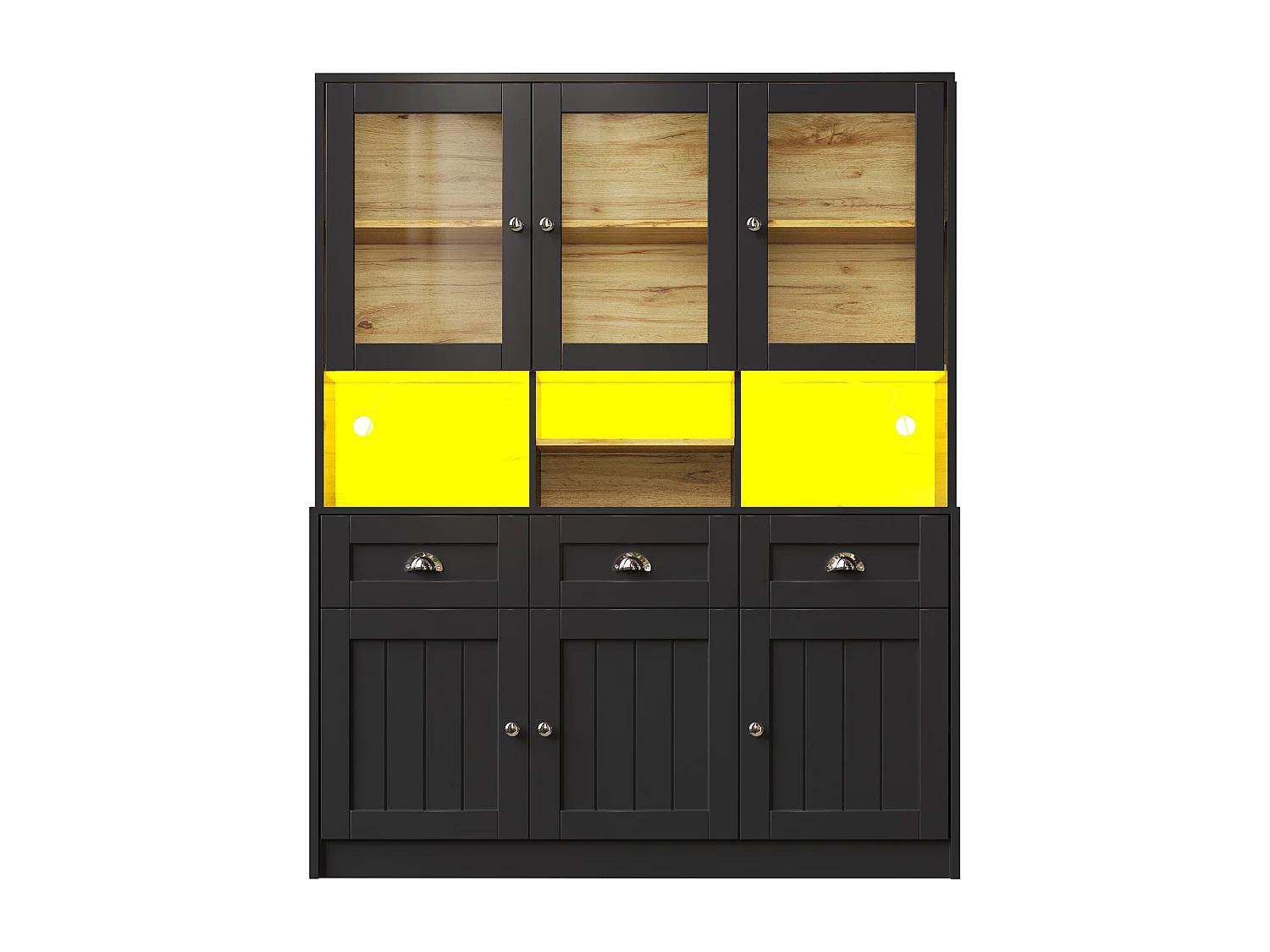 Buffet de cuisine noir avec 3 portes, 3 portes vitrées, 3 tiroirs et lumières LED, MDF