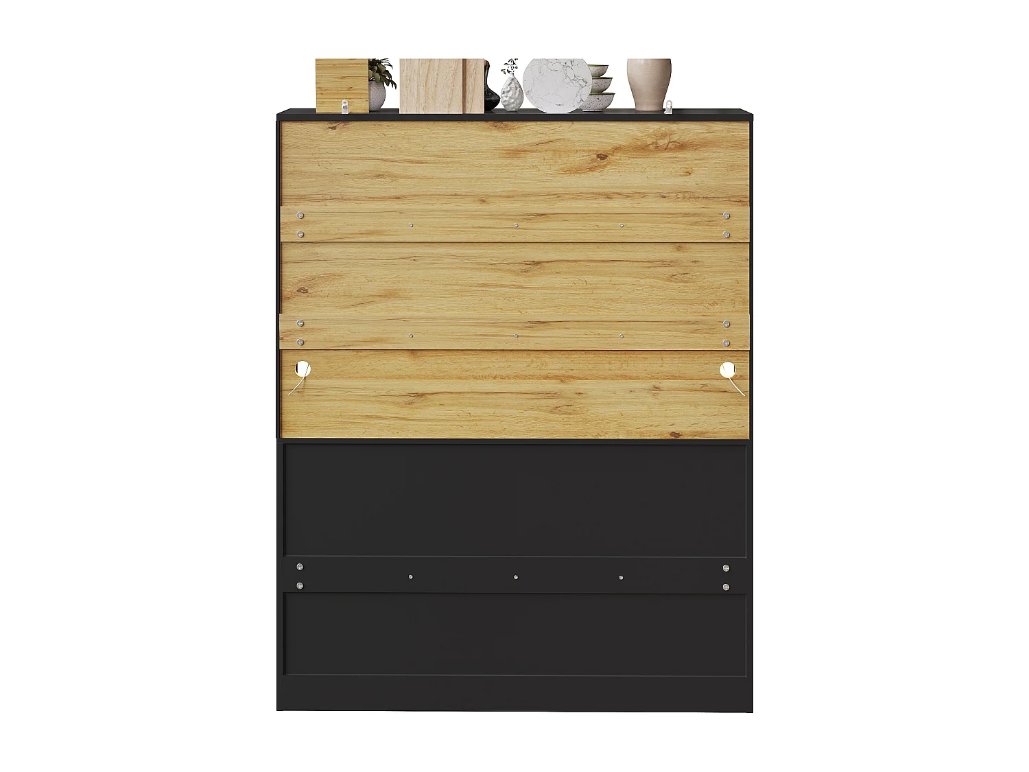 Buffet de cuisine noir avec 3 portes, 3 portes vitrées, 3 tiroirs et lumières LED, MDF