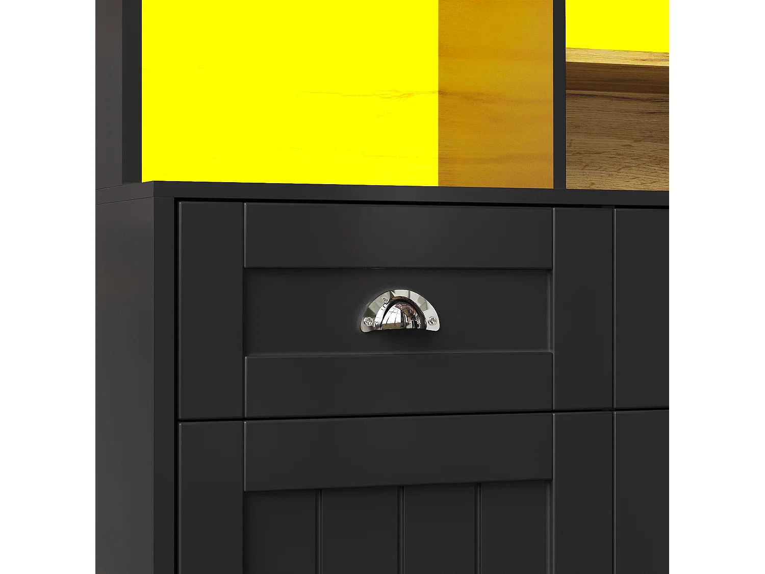 Buffet de cuisine noir avec 3 portes, 3 portes vitrées, 3 tiroirs et lumières LED, MDF