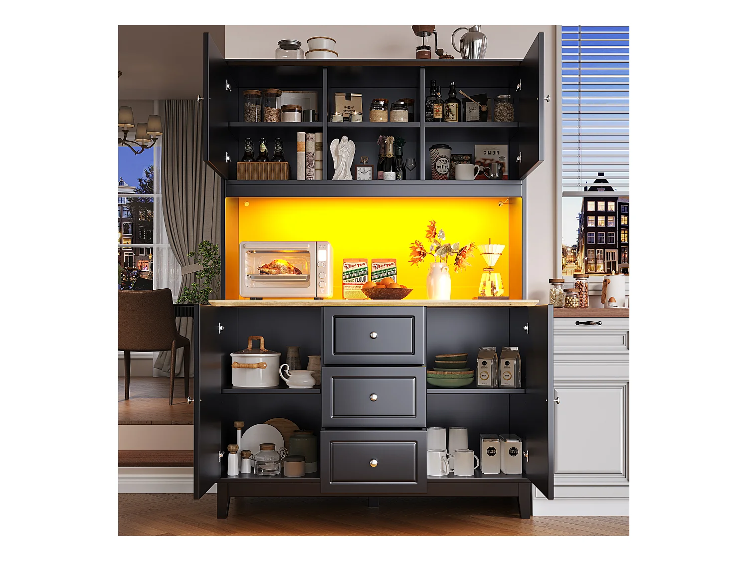 Credenza da cucina nera con illuminazione a LED, 4 ante e 3 cassetti, piano in legno impiallacciato