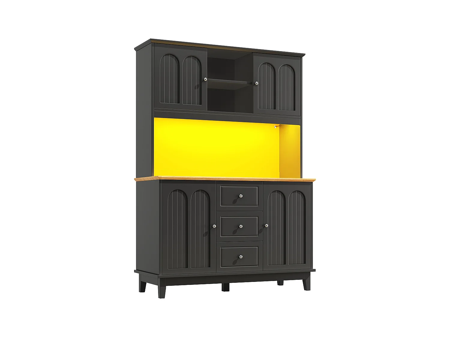 Credenza da cucina nera con illuminazione a LED, 4 ante e 3 cassetti, piano in legno impiallacciato