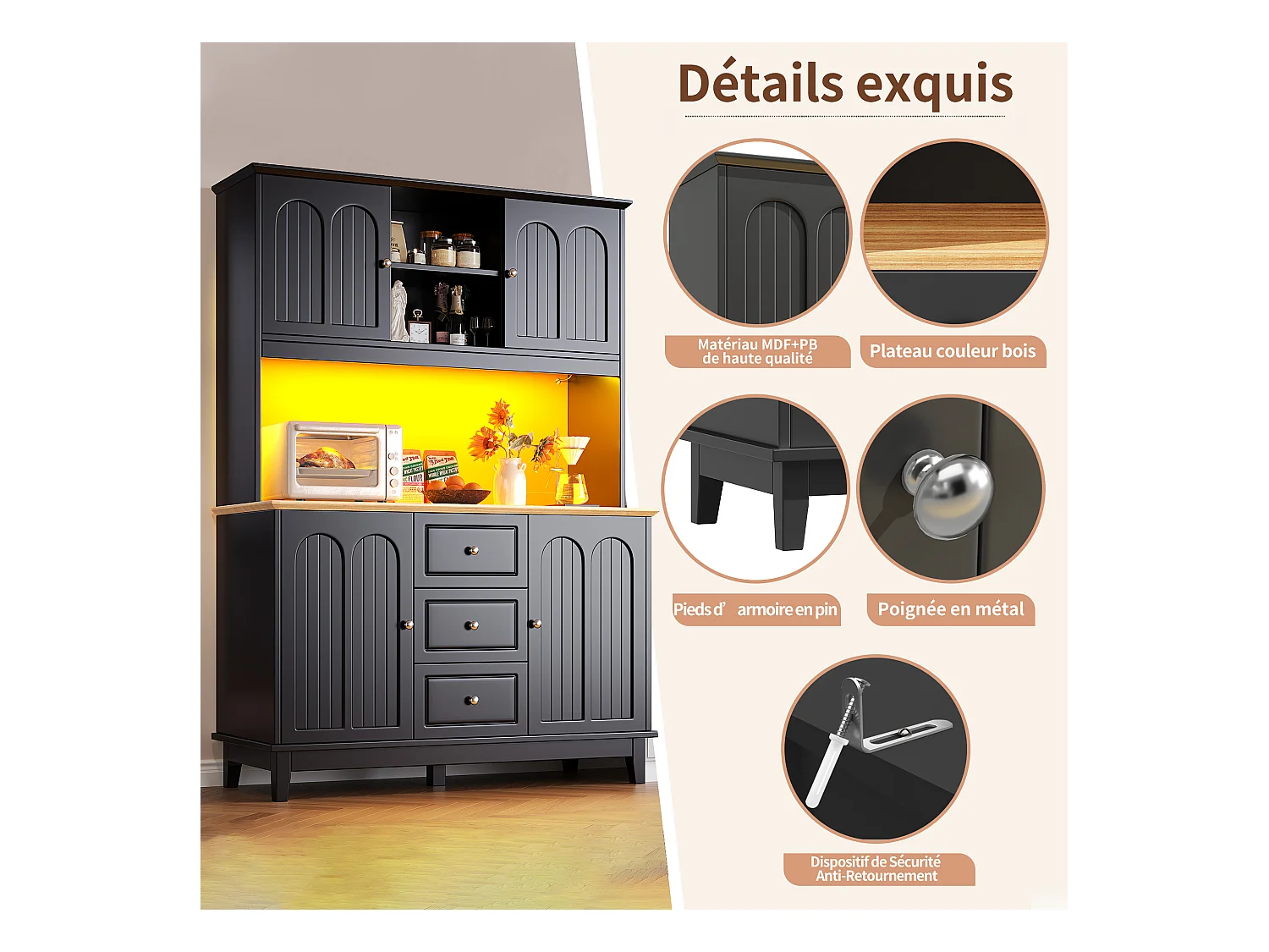 Credenza da cucina nera con illuminazione a LED, 4 ante e 3 cassetti, piano in legno impiallacciato