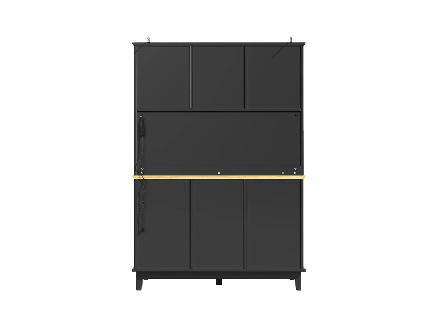 Credenza da cucina nera con illuminazione a LED, 4 ante e 3 cassetti, piano in legno impiallacciato