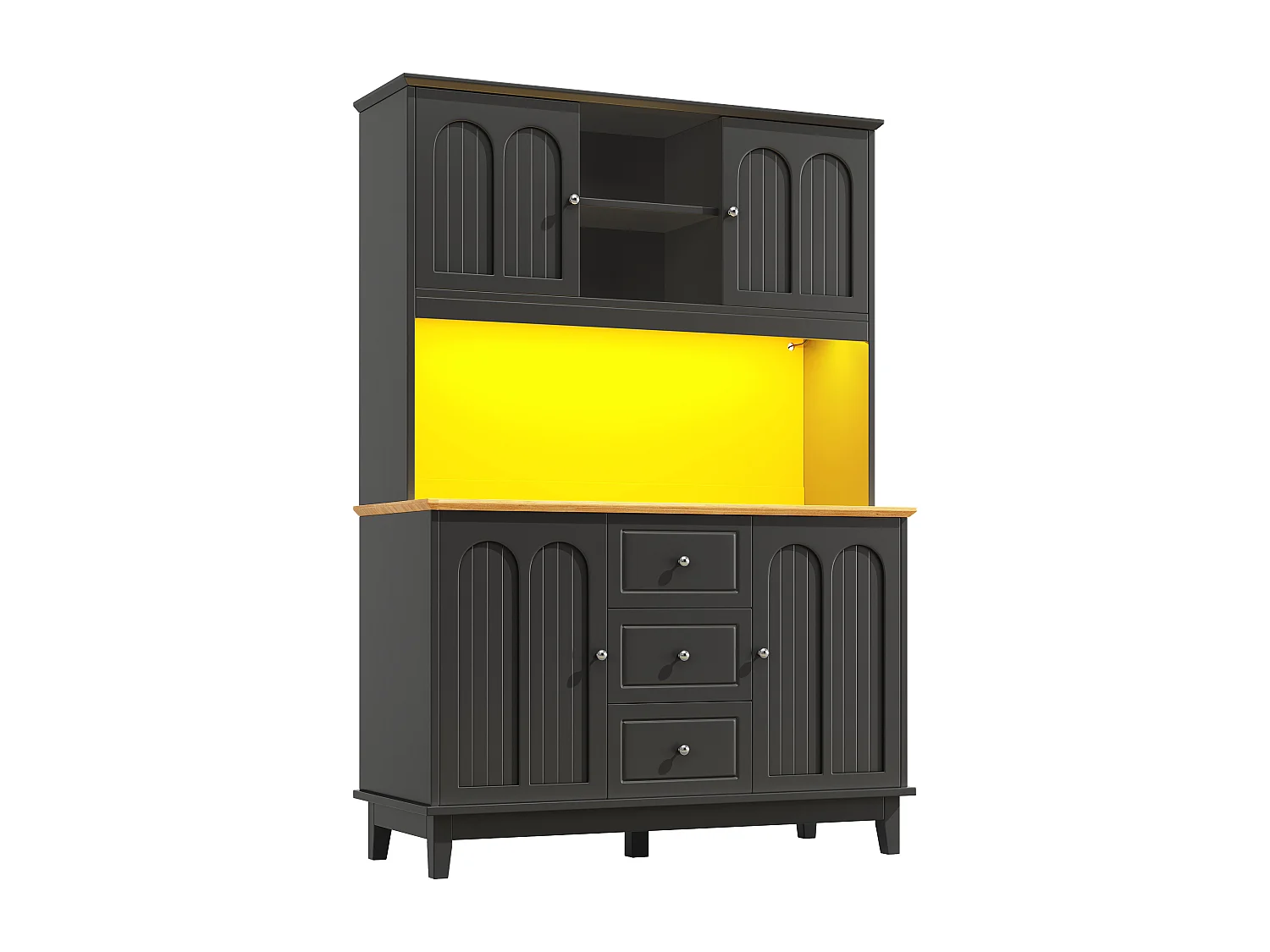 Aparador de cozinha preto com iluminação LED, 4 portas e 3 gavetas, tampo em folheado de madeira