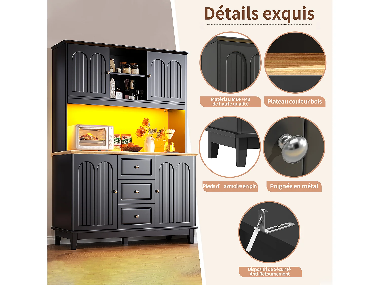 Aparador de cozinha preto com iluminação LED, 4 portas e 3 gavetas, tampo em folheado de madeira