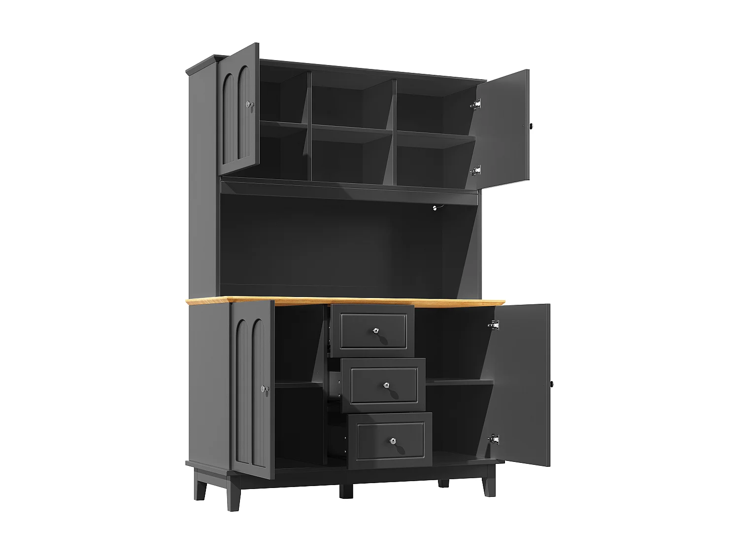 Aparador de cozinha preto com iluminação LED, 4 portas e 3 gavetas, tampo em folheado de madeira