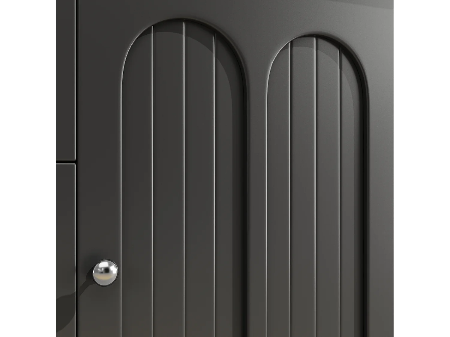 Aparador de cozinha preto com iluminação LED, 4 portas e 3 gavetas, tampo em folheado de madeira