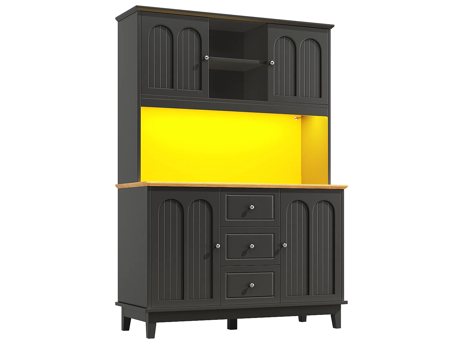 Buffet de cuisine noir avec éclairage LED, 4 portes et 3 tiroirs, plateau en placage de bois