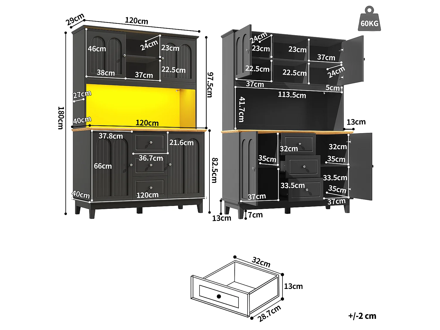 Buffet de cuisine noir avec éclairage LED, 4 portes et 3 tiroirs, plateau en placage de bois