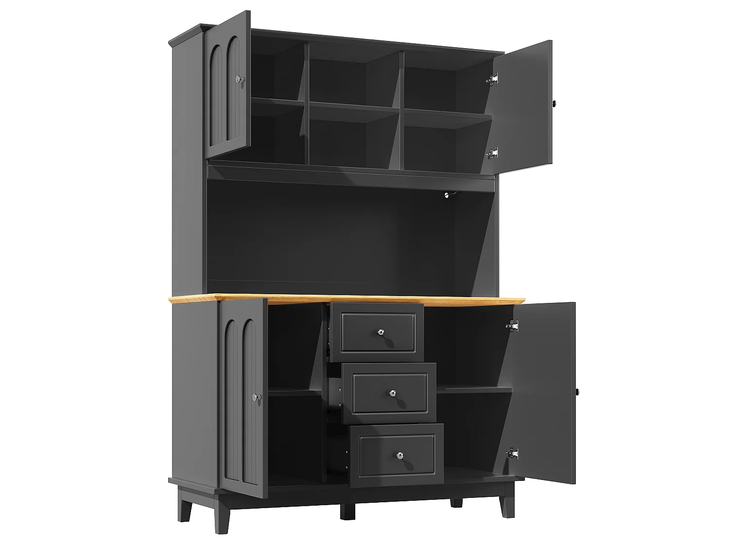 Buffet de cuisine noir avec éclairage LED, 4 portes et 3 tiroirs, plateau en placage de bois