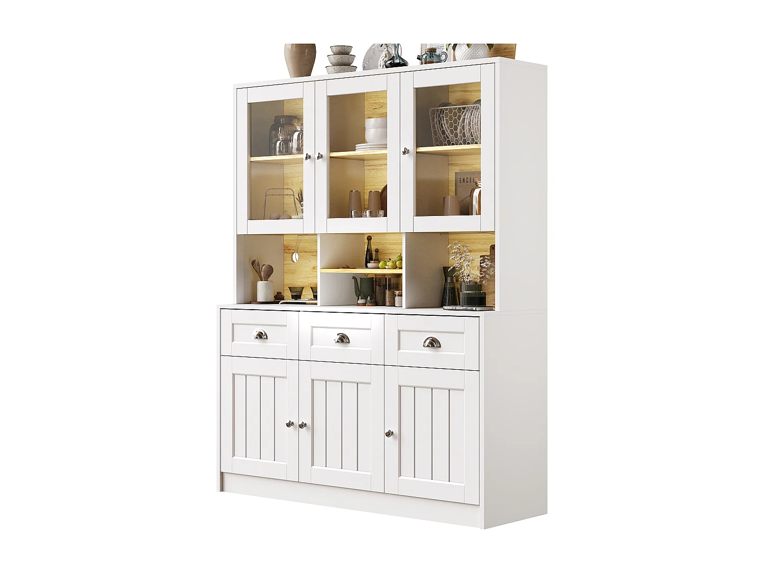 Buffet de cuisine blanc avec 3 portes, 3 portes vitrées, 3 tiroirs et lumières LED, MDF