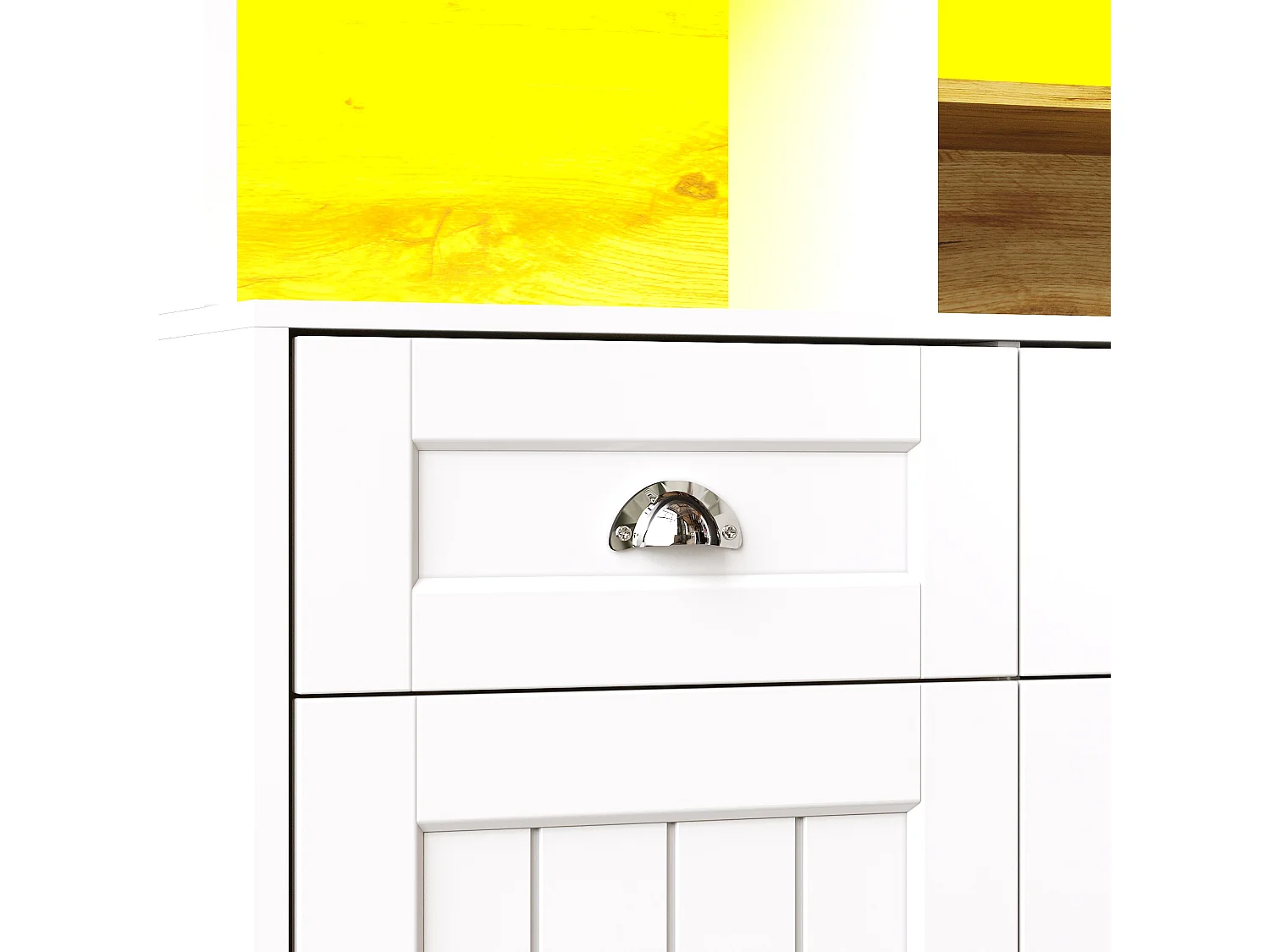 Buffet de cuisine blanc avec 3 portes, 3 portes vitrées, 3 tiroirs et lumières LED, MDF