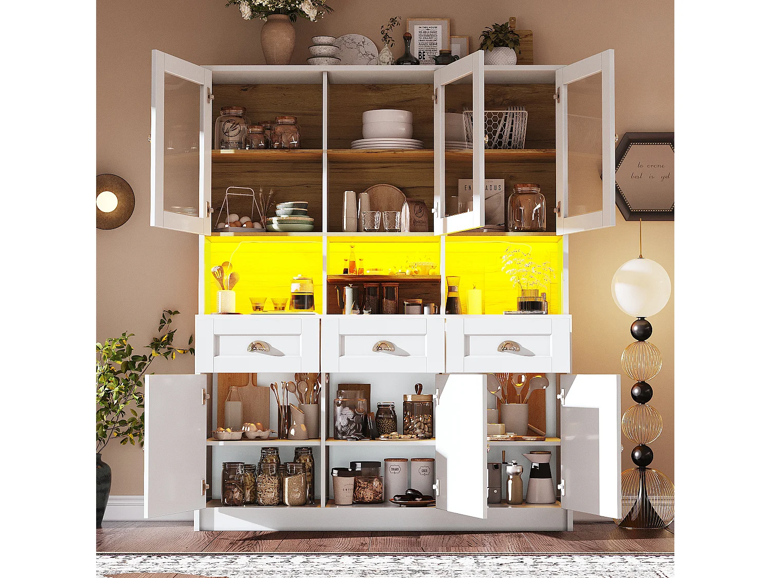 Buffet de cuisine blanc avec 3 portes, 3 portes vitrées, 3 tiroirs et lumières LED, MDF
