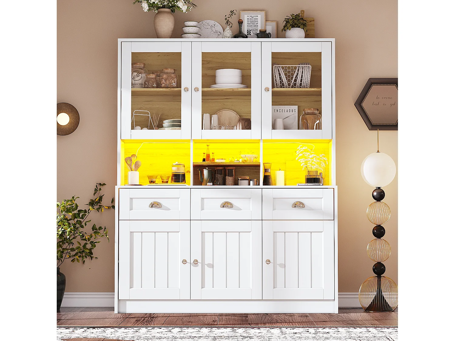 Buffet de cuisine blanc avec 3 portes, 3 portes vitrées, 3 tiroirs et lumières LED, MDF
