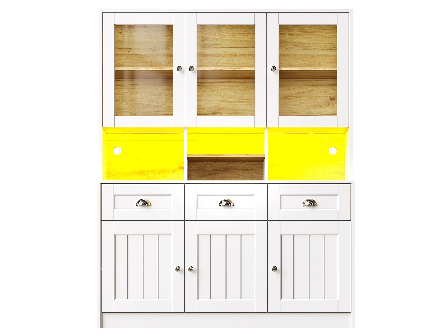 Buffet de cuisine blanc avec 3 portes, 3 portes vitrées, 3 tiroirs et lumières LED, MDF