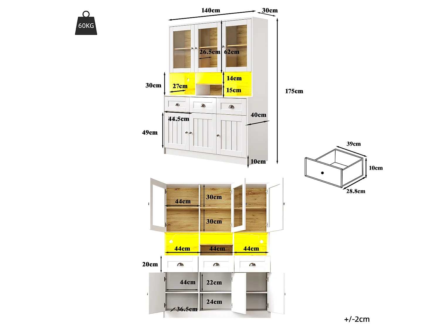 Buffet de cuisine blanc avec 3 portes, 3 portes vitrées, 3 tiroirs et lumières LED, MDF