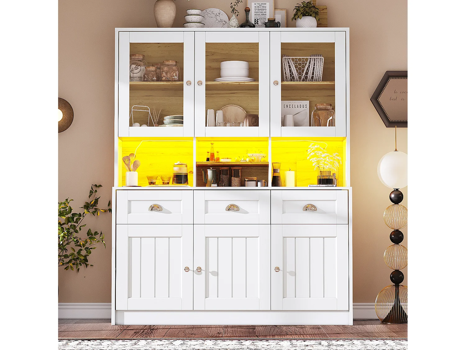 Buffet de cuisine blanc avec 3 portes, 3 portes vitrées, 3 tiroirs et lumières LED, MDF