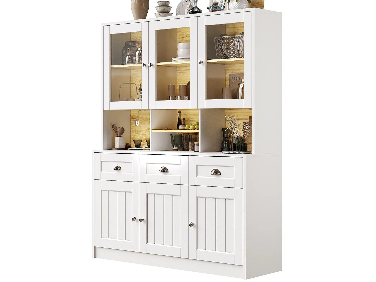 Buffet de cuisine blanc avec 3 portes, 3 portes vitrées, 3 tiroirs et lumières LED, MDF