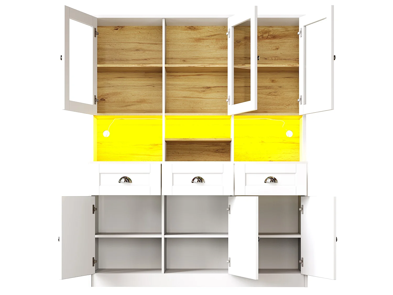 Buffet de cuisine blanc avec 3 portes, 3 portes vitrées, 3 tiroirs et lumières LED, MDF