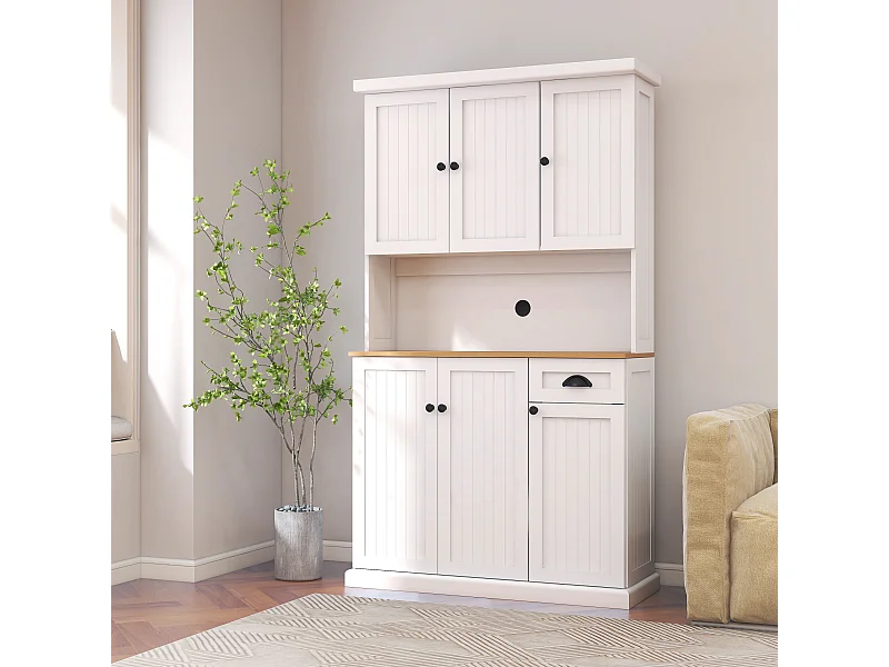 Credenza da cucina bianca con 6 ante e 1 cassetto, piano in legno impiallacciato, MDF