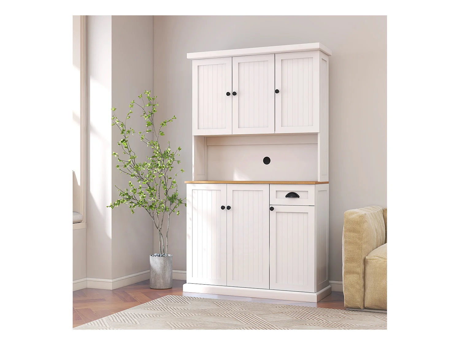 Credenza da cucina bianca con 6 ante e 1 cassetto, piano in legno impiallacciato, MDF