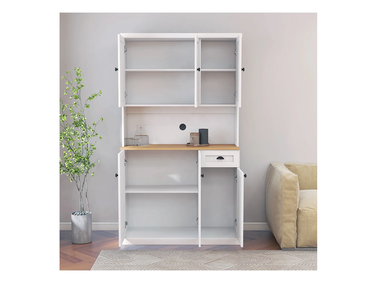 Credenza da cucina bianca con 6 ante e 1 cassetto, piano in legno impiallacciato, MDF