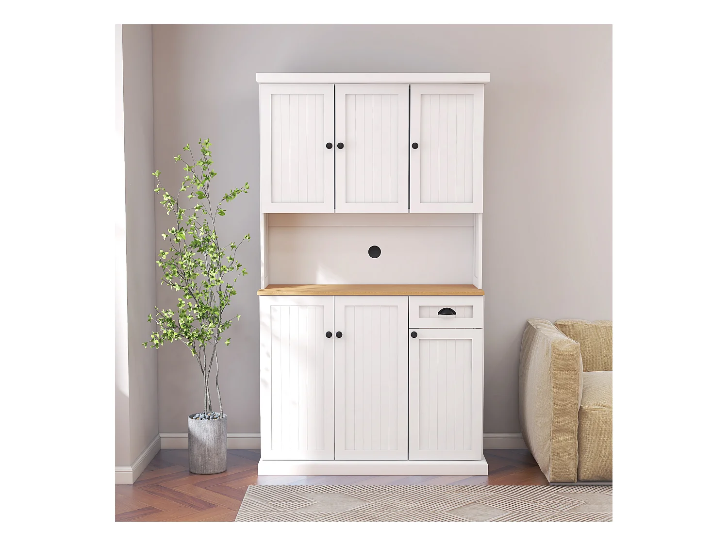 Credenza da cucina bianca con 6 ante e 1 cassetto, piano in legno impiallacciato, MDF