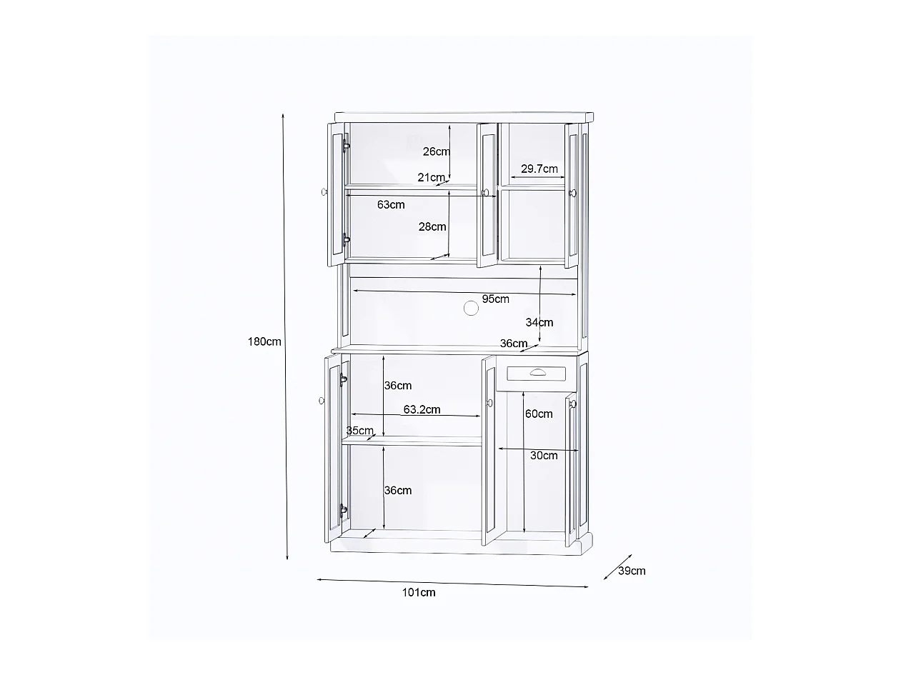 Credenza da cucina bianca con 6 ante e 1 cassetto, piano in legno impiallacciato, MDF