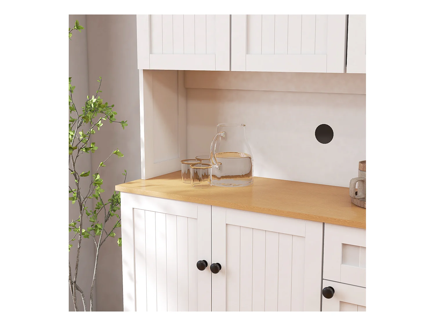 Credenza da cucina bianca con 6 ante e 1 cassetto, piano in legno impiallacciato, MDF