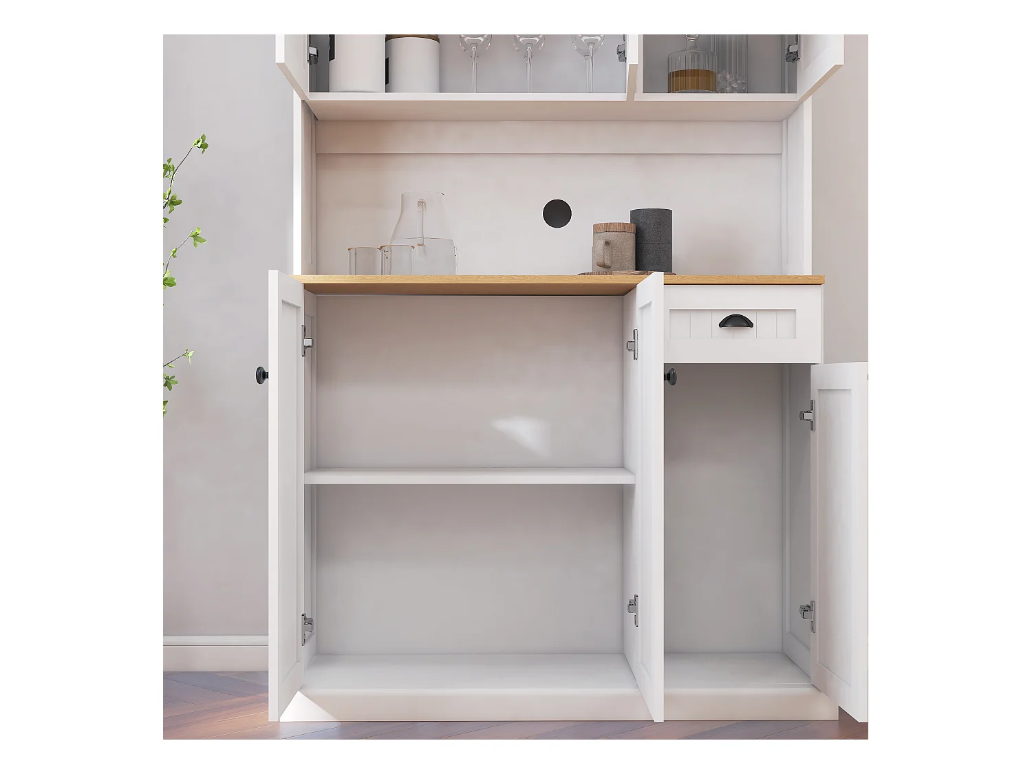 Credenza da cucina bianca con 6 ante e 1 cassetto, piano in legno impiallacciato, MDF