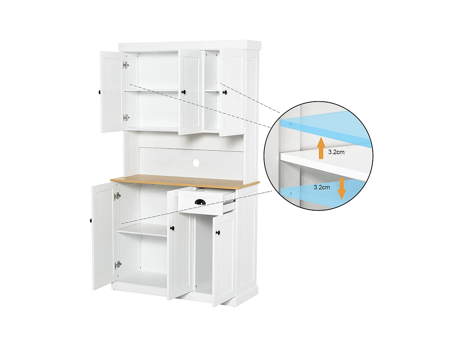 Credenza da cucina bianca con 6 ante e 1 cassetto, piano in legno impiallacciato, MDF