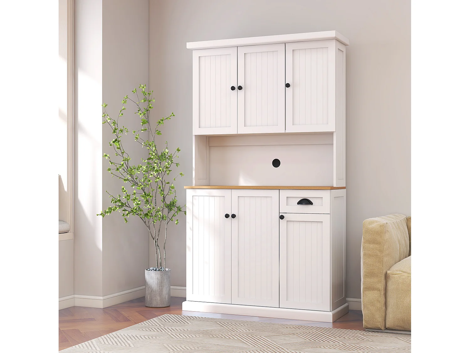 Aparador de cozinha branco com 6 portas e 1 gaveta, tampo em folheado de madeira, MDF