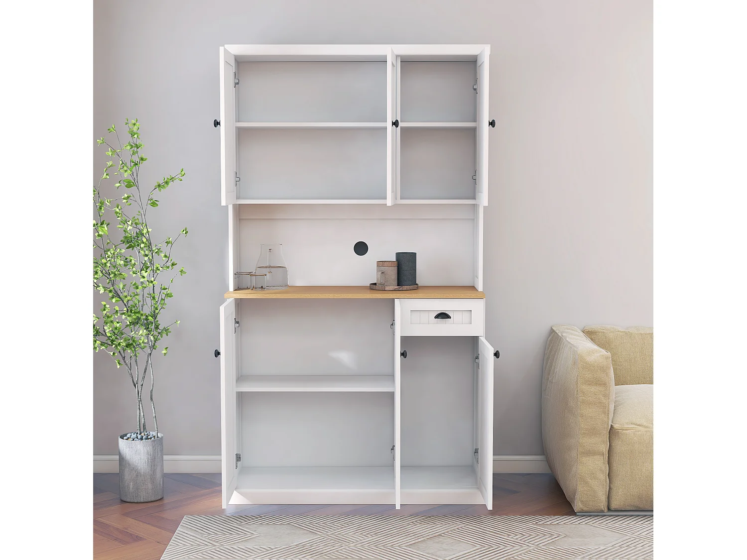 Aparador de cozinha branco com 6 portas e 1 gaveta, tampo em folheado de madeira, MDF