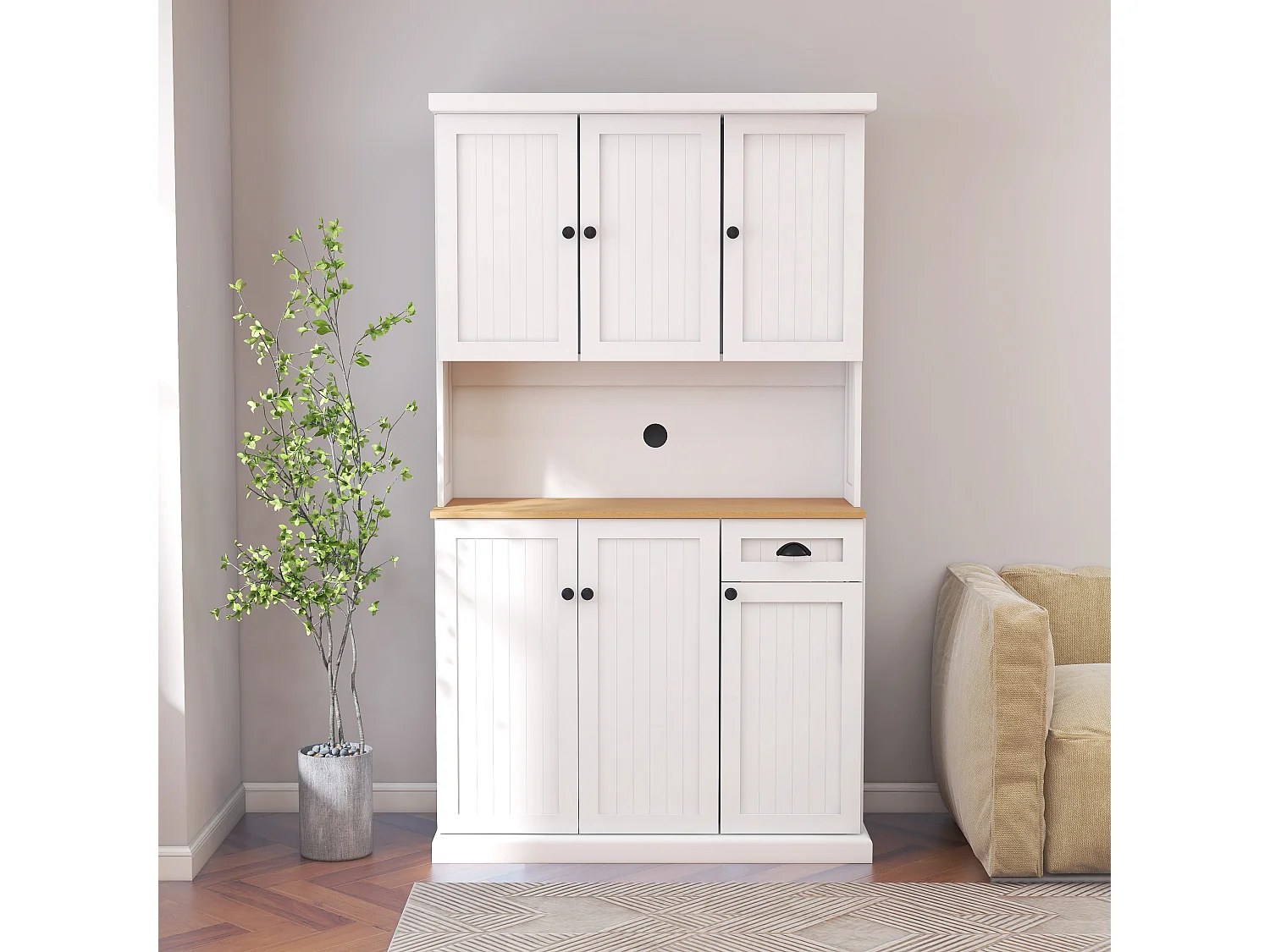 Aparador de cozinha branco com 6 portas e 1 gaveta, tampo em folheado de madeira, MDF