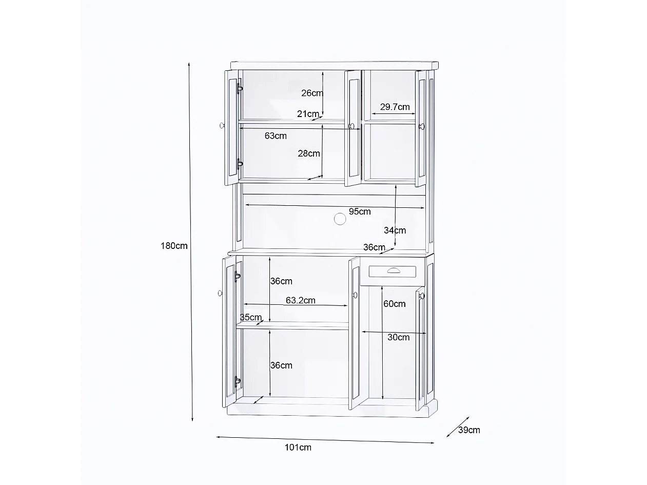 Aparador de cozinha branco com 6 portas e 1 gaveta, tampo em folheado de madeira, MDF
