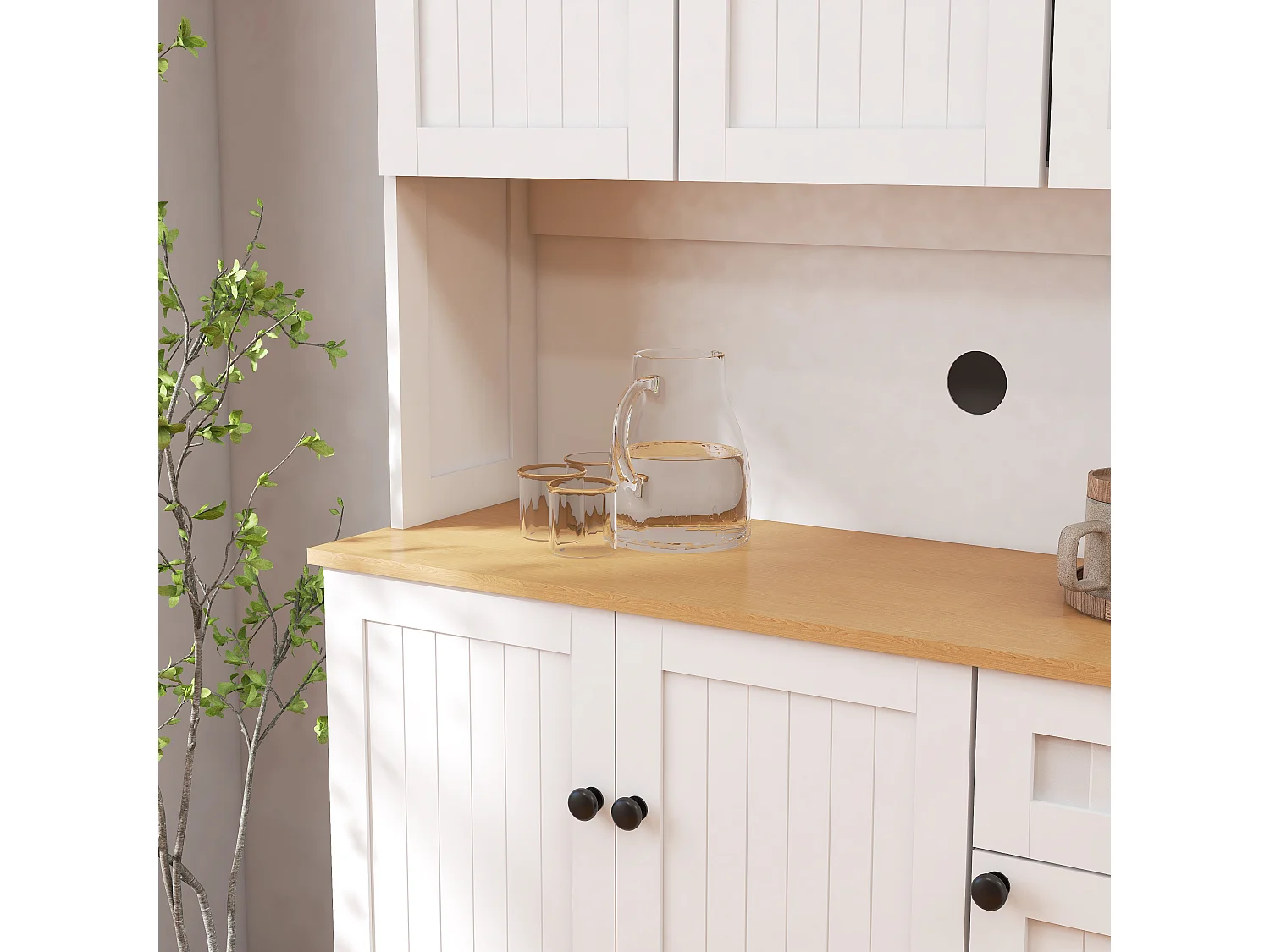 Aparador de cozinha branco com 6 portas e 1 gaveta, tampo em folheado de madeira, MDF