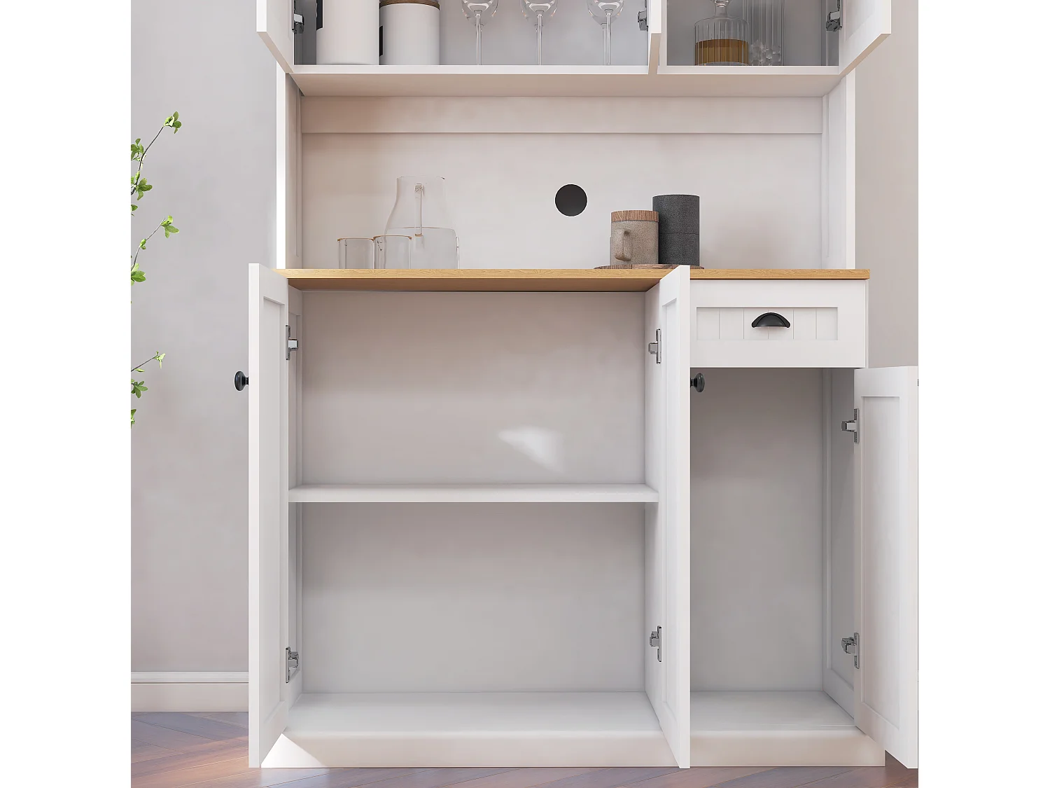 Aparador de cozinha branco com 6 portas e 1 gaveta, tampo em folheado de madeira, MDF