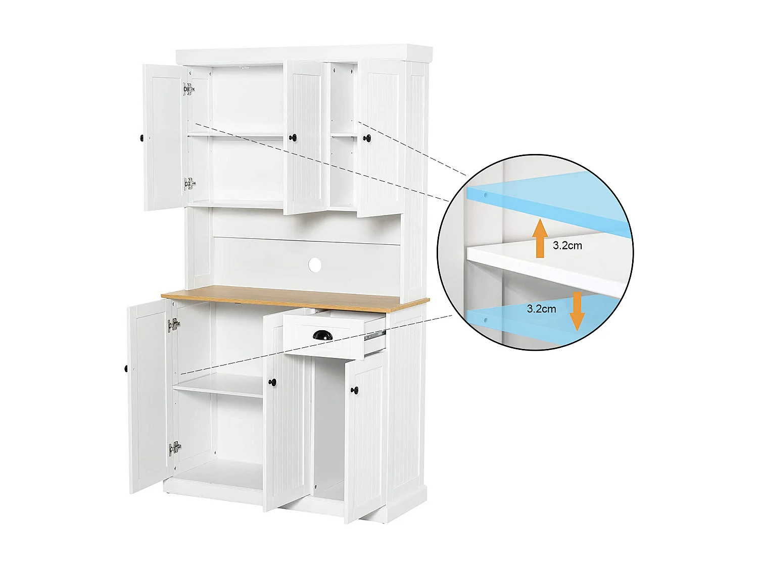 Aparador de cozinha branco com 6 portas e 1 gaveta, tampo em folheado de madeira, MDF