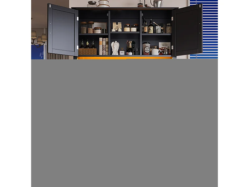 Credenza da cucina nera e naturale con 4 ante, 5 cassetti e luci LED, MDF