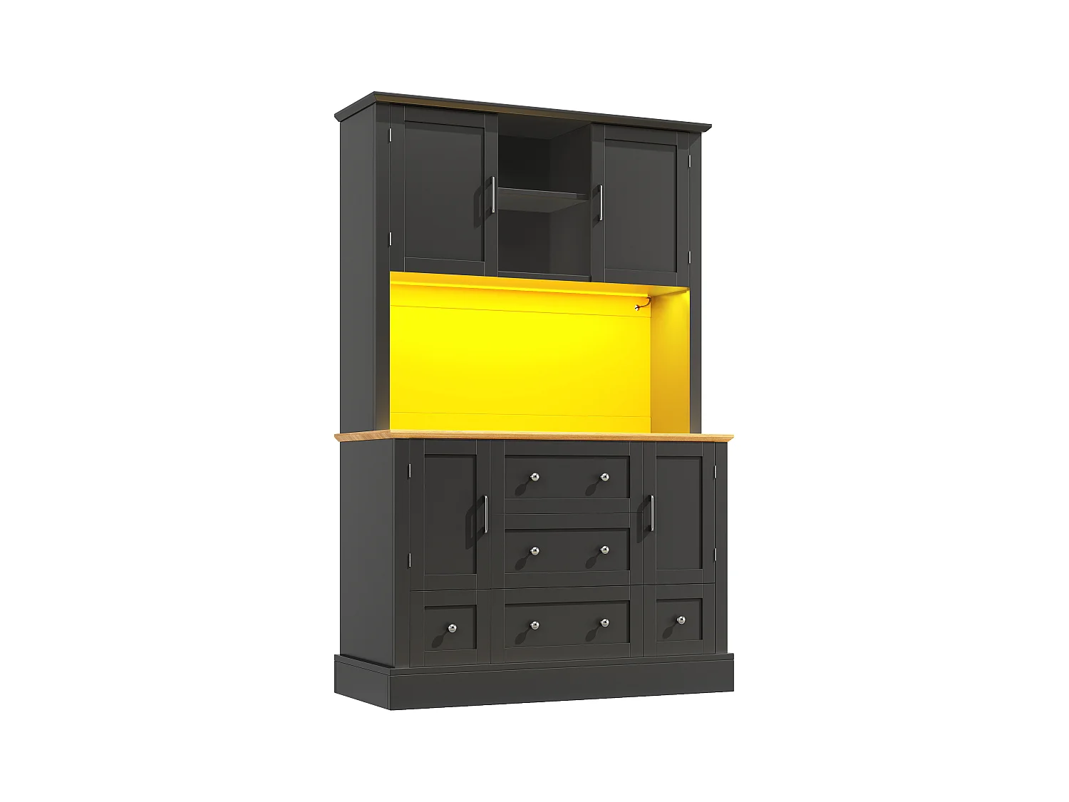Credenza da cucina nera e naturale con 4 ante, 5 cassetti e luci LED, MDF