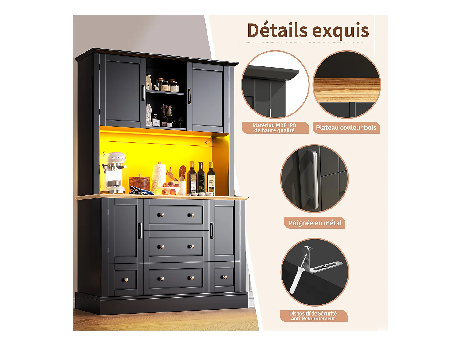 Credenza da cucina nera e naturale con 4 ante, 5 cassetti e luci LED, MDF