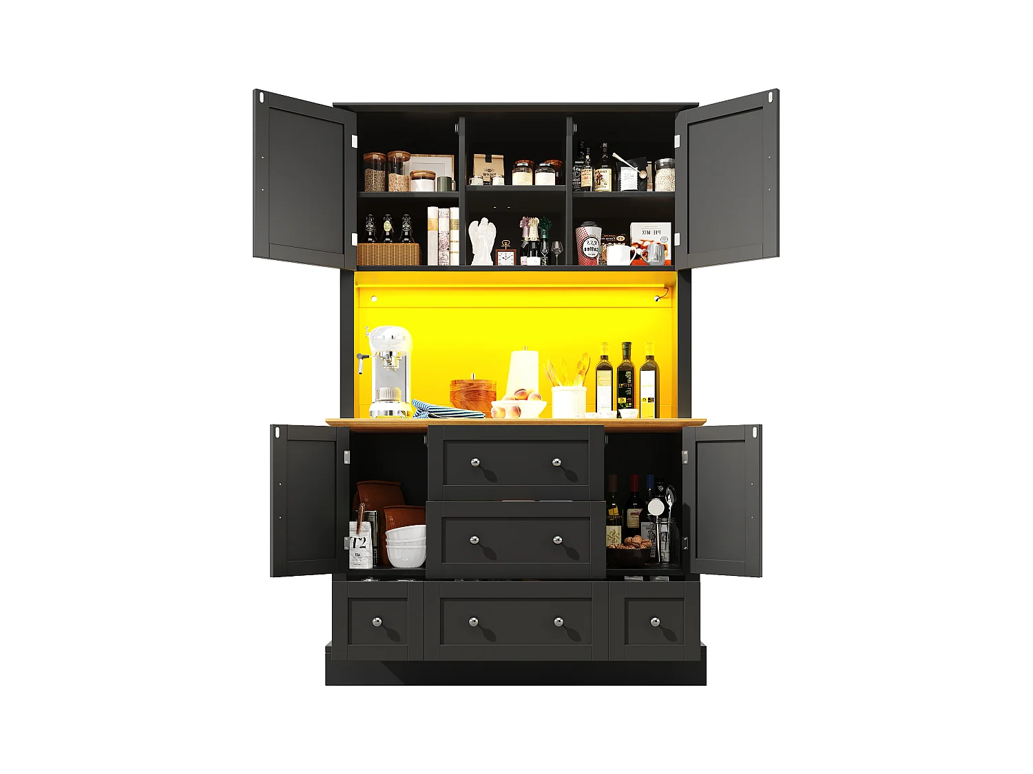 Credenza da cucina nera e naturale con 4 ante, 5 cassetti e luci LED, MDF