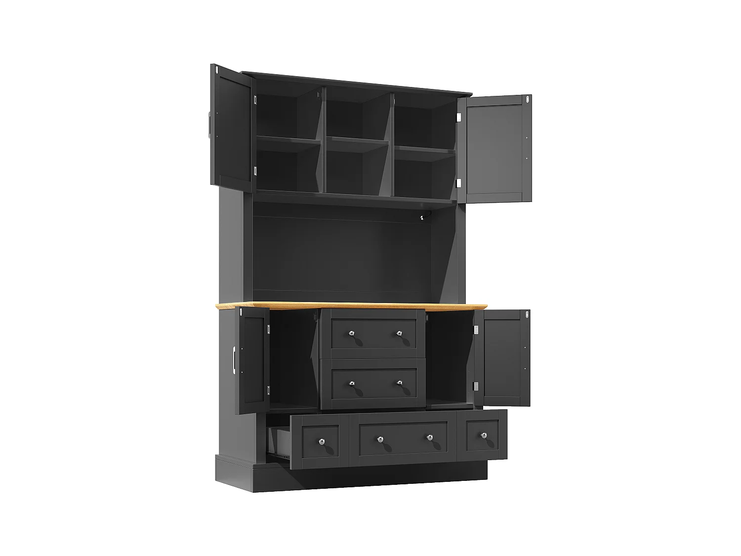 Credenza da cucina nera e naturale con 4 ante, 5 cassetti e luci LED, MDF