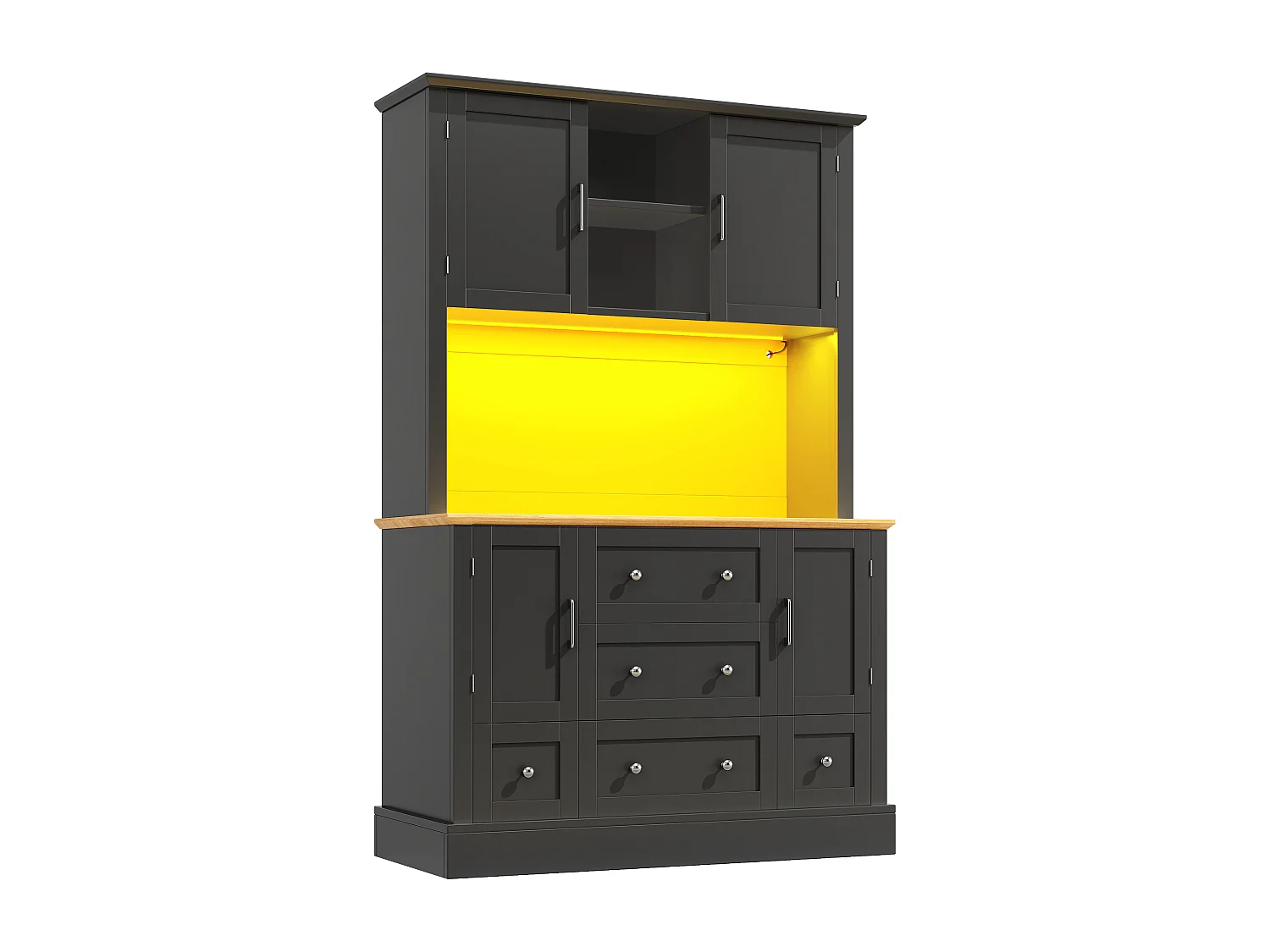 Buffet de cuisine noir et naturel avec 4 portes, 5 tiroirs et lumières LED, MDF