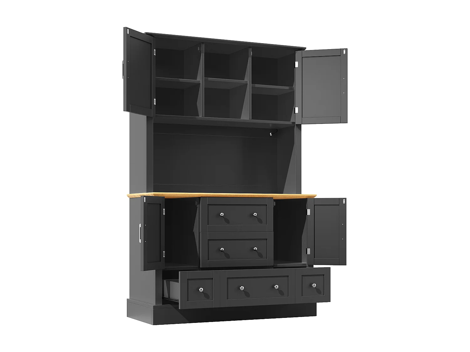 Buffet de cuisine noir et naturel avec 4 portes, 5 tiroirs et lumières LED, MDF